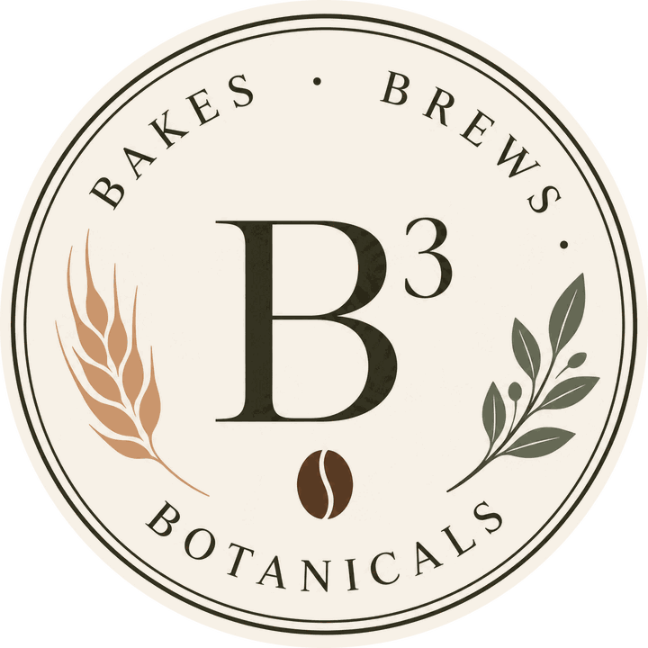 The B³ roundel: Bakes, Brews, Botanicals, with a wheat ear, a coffee bean and a leafy sprig.